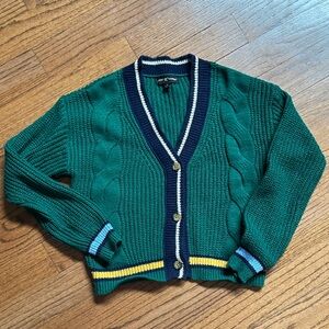 Emerald Green Cable Knit Cardigan with Navy Trim
